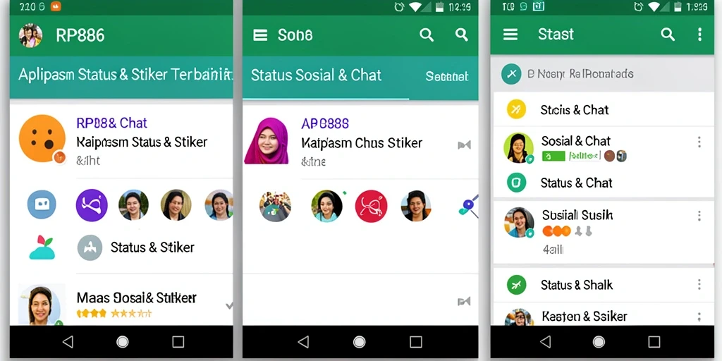 Antarmuka RP886 dengan koleksi stiker menarik dan status kreatif.