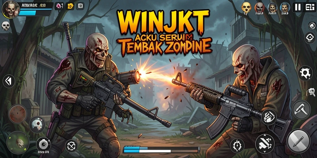 Antarmuka gameplay WINJKT dengan aksi tembak zombie yang mendebarkan.